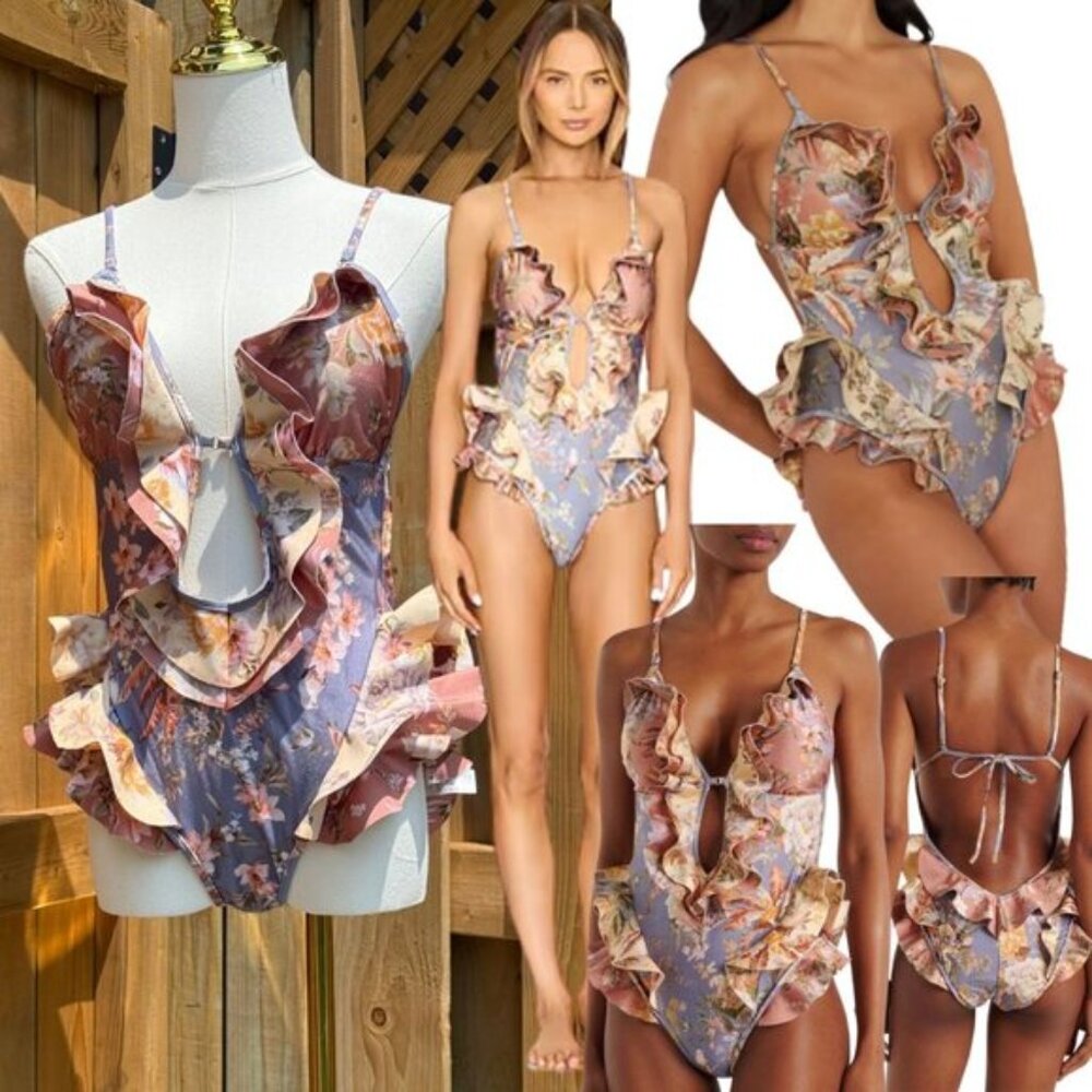 🆕 ZIMMERMANN 🧿 NWT Tallow Waterfall Ruffled Swimsuit, Pink & Purple Sz 1 US4/6
